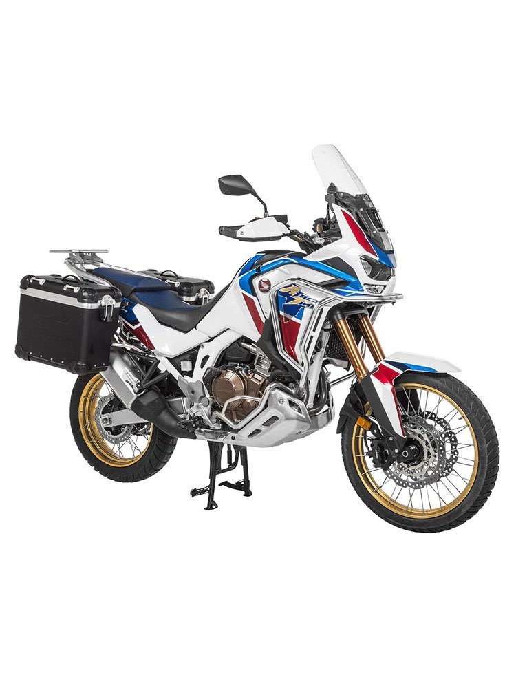 Zestaw: kufry boczne z anodowanego aluminium czarne Zega Evo X + stelaże srebne Touratech Honda CRF1100L Africa Twin (22-)/ Adventure Sports (2 x 38L)