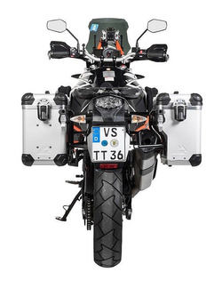 Zestaw: kufry boczne z anodowanego aluminium srebrne Zega Evo X + stelaże czarne Touratech KTM 1050 Adventure/ 1090 Adventure/ 1290 Super Adventure/ 1190 Adventure/R (2 x 38L)