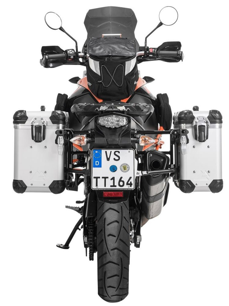 Zestaw: kufry boczne z anodowanego aluminium srebrne "And-S" Zega Evo + stelaże czarne Touratech KTM 1050 Adventure/1090 Adventure/1290 Super Adventure (-20)/1190 Adventure/R (31+38L)