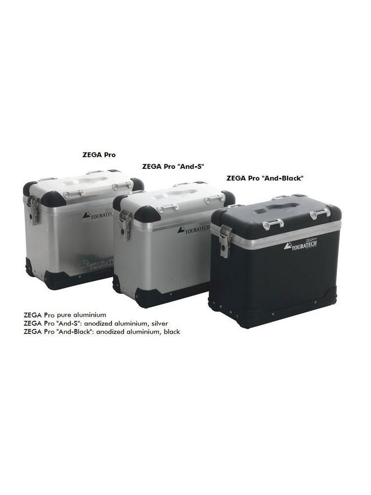 Zestaw: kufry boczne z anodowanego aluminium czarne Zega Pro + stelaże czarne Touratech BMW R1250GS/ R1250GS Adventure/ R1200GS (13-)/ R1200GS Adventure (14-) (38+45L)