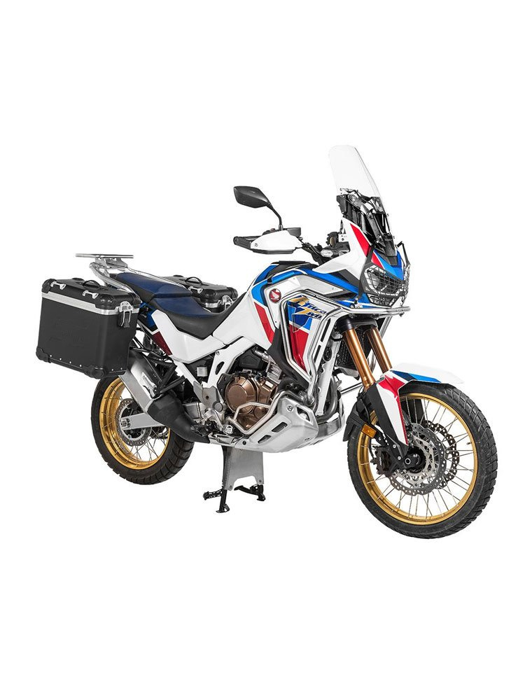 Zestaw: kufry boczne z anodowanego aluminium czarne Zega Evo X + stelaże czarne Touratech Honda CRF1100L Africa Twin (22-)/ Adventure Sports (2 x 38L)