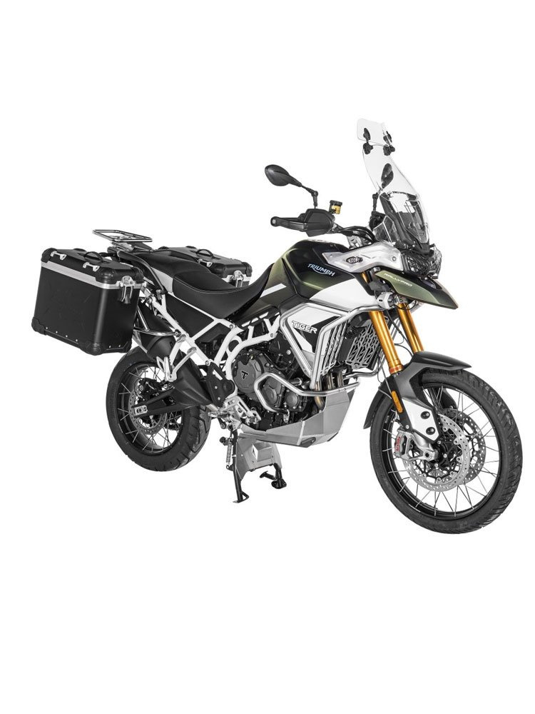 Zestaw: kufry boczne z anodowanego aluminium czarne "And-Black" Zega Evo + stelaże srebrne Touratech Triumph Tiger 900 Rally / Pro / GT / GT Pro (20-) (38+45L)