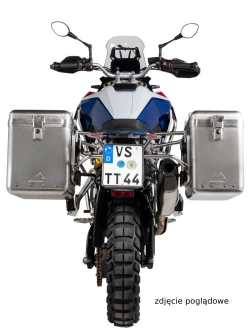 Zestaw: kufry boczne srebrne Zega Mundo + stelaże czarne Touratech BMW F 900 GS (24-) [poj.: 38+45l]