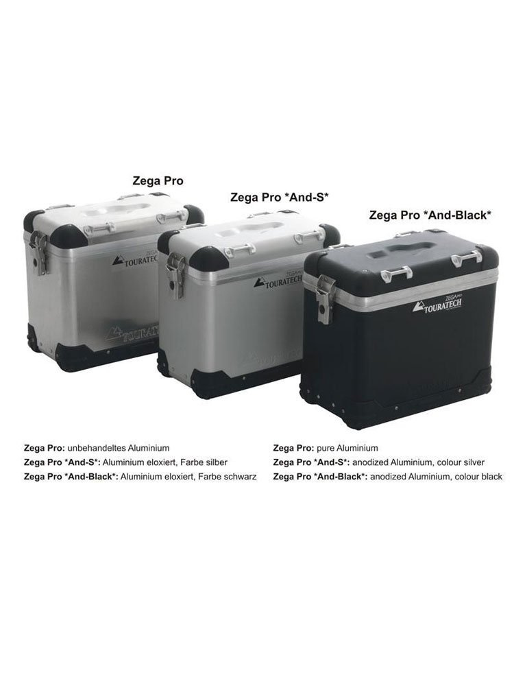 Zestaw: kufry boczne z anodowanego aluminium czarne Zega Pro + stelaże srebrne Touratech BMW F800GS/ F700GS/ F650GS (Twin) (31+38L)